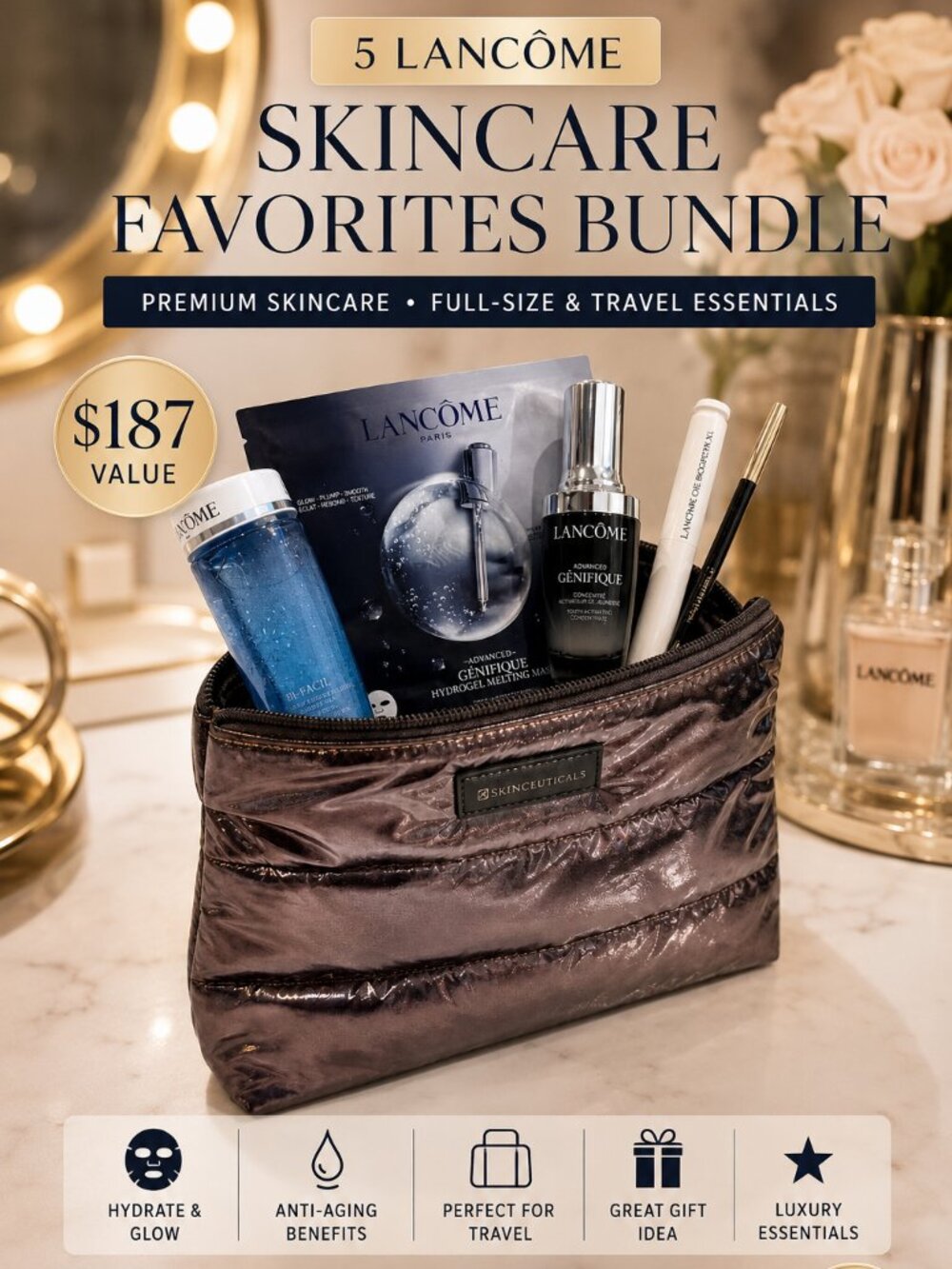 Lancôme 5-Pc Skincare Makeup Set + SkinCeuticals Cosmetic Bag